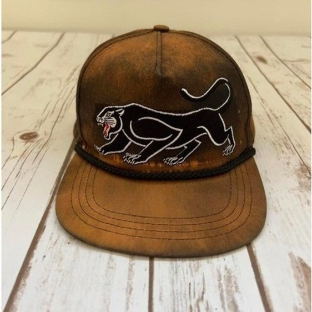 Stuntin Trucker Hat Brown Acid Wash Embroidered Black Panther Rope Snapback OSFA